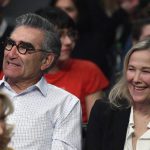 Actors Eugene Levy and Catherine O'Hara watch during the first half of an NBA basketball game between the Los Angeles Lakers and the Phoenix Suns, Sunday, Jan. 27, 2019, in Los Angeles. (AP Photo/Mark J. Terrill)