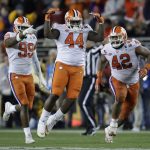 Clemson's Nyles Pinckney (44) reacts after stopping a fake field goal by Alabama during the second half of the NCAA college football playoff championship game, Monday, Jan. 7, 2019, in Santa Clara, Calif. (AP Photo/Ben Margot)
