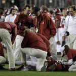 Alabama head coach Nick Saban looks on as Saivion Smith is injured during the second half of the NCAA college football playoff championship game against Clemson, Monday, Jan. 7, 2019, in Santa Clara, Calif. (AP Photo/Chris Carlson)