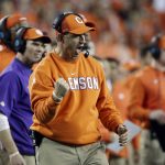 Clemson head coach Dabo Swinney reacts after his defense held on a fourth down play during the second half of the NCAA college football playoff championship game against Alabama, Monday, Jan. 7, 2019, in Santa Clara, Calif. (AP Photo/David J. Phillip)