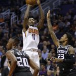 Phoenix Suns guard Jamal Crawford (11) shoots over Sacramento Kings guard Ben McLemore (23) in the second half during an NBA basketball game, Tuesday, Jan. 8, 2019, in Phoenix. Phoenix defeated Sacramento 115-111. (AP Photo/Rick Scuteri)