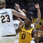 Arizona State's Luguentz Dort, right, passes the ball away from California's California's Connor Vanover (23) during the first half of an NCAA college basketball game Wednesday, Jan. 9, 2019, in Berkeley, Calif. (AP Photo/Ben Margot)