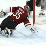 Arizona Coyotes goaltender Darcy Kuemper makes a diving save against the New Jersey Devils during overtime of an NHL hockey game Friday, Jan. 4, 2019, in Glendale, Ariz. The Devils defeated won 3-2 in a shootout. (AP Photo/Ross D. Franklin)