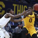 Arizona State guard Luguentz Dort, right, works the ball against California's Darius McNeill during the first half of an NCAA college basketball game Wednesday, Jan. 9, 2019, in Berkeley, Calif. (AP Photo/Ben Margot)