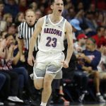 Arizona guard Alex Barcello reacts after making a 3-point basket against Oregon State during the second half of an NCAA college basketball game Saturday, Jan. 19, 2019, in Tucson, Ariz. Arizona defeated Oregon State 82-71. (AP Photo/Rick Scuteri)