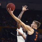 Oregon State forward Tres Tinkle (3) drives past Arizona State forward Zylan Cheatham during the first half of an NCAA college basketball game, Thursday, Jan. 17, 2019, in Tempe, Ariz. (AP Photo/Ross D. Franklin)