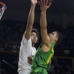Arizona State's Taeshon Cherry (35) goes in for a block against Oregon's Will Richardson (0) during the first half of an NCAA college basketball game Saturday, Jan. 19, 2019, in Tempe, Ariz. (AP Photo/Darryl Webb)