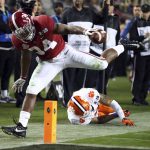 Alabama's Damien Harris is stopped short of the goal line during the second half of the NCAA college football playoff championship game against Clemson, Monday, Jan. 7, 2019, in Santa Clara, Calif. (AP Photo/Ben Margot)