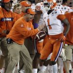 Clemson head coach Dabo Swinney reacts after Trayvon Mullen (1) intercepted a pass during the first half the NCAA college football playoff championship game against Alabama, Monday, Jan. 7, 2019, in Santa Clara, Calif. (AP Photo/Chris Carlson)