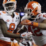 Clemson's Justyn Ross celebrates his touchdown catch with Christian Wilkins (42) during the second half of the NCAA college football playoff championship game against Alabama, Monday, Jan. 7, 2019, in Santa Clara, Calif. (AP Photo/David J. Phillip)