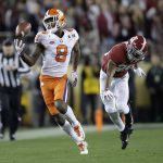 Clemson's Justyn Ross makes a one-handed catch in front of Alabama's Josh Jobe during the second half of the NCAA college football playoff championship game, Monday, Jan. 7, 2019, in Santa Clara, Calif. (AP Photo/Ben Margot)