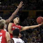 Utah guard Sedrick Barefield drives to the basket past Arizona State's De'Quon Lake, left, during the second half of an NCAA college basketball game Thursday, Jan. 3, 2019, in Tempe, Ariz. (AP Photo/Ralph Freso)