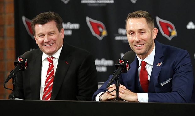 Arizona Cardinals new NFL football head coach Kliff Kingsbury, right, and team owner Michael Bidwel...