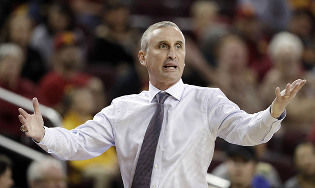 Arizona State head coach Bobby Hurley argues a call during the first half of an NCAA college basket...