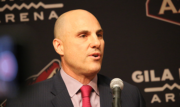 Arizona Coyotes head coach Rick Tocchet speaks to the media at an introductory press conference at ...