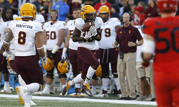 Arizona State safety Aashari Crosswell (16) intercepts the football against Arizona in the second h...