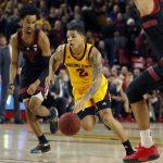 Arizona State guard Rob Edwards (2) drives between Stanford's Bryce Wills (2) and Oscar da Silva (13) during the second half of an NCAA college basketball game Wednesday, Feb. 20, 2019, in Tempe, Ariz. Arizona State won 80-62. (AP Photo/Rick Scuteri)