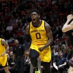 Arizona State's Luguentz Dort (0) celebrates after scoring with a layup during the first half of the team's NCAA college basketball game against Utah on Saturday, Feb. 16, 2019, in Salt Lake City. (AP Photo/Kim Raff)