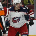 Columbus Blue Jackets center Lukas Sedlak (45) reacts after scoring a goal in the first period during an NHL hockey game against the Arizona Coyotes, Thursday, Feb. 7, 2019, in Glendale, Ariz. (AP Photo/Rick Scuteri)