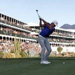 Rickie Fowler hits from the 16th tee during the second round of the Phoenix Open PGA golf tournament, Friday, Feb. 1, 2019, in Scottsdale, Ariz. (AP Photo/Matt York)