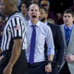 Washington coach Mike Hopkins shouts to his team during the second half of an NCAA college basketball game against Arizona State on Saturday, Feb. 9, 2019, in Tempe, Ariz. Arizona State won 75-63. (AP Photo/Darryl Webb)