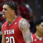 Utah forward Timmy Allen (20) reacts to a play during the second half of an NCAA college basketball game against the Arizona, Thursday, Feb. 14, 2019, in Salt Lake City. (AP Photo/Alex Goodlett)