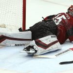 Arizona Coyotes goaltender Darcy Kuemper tries to get back up after being hit on the helmet by St. Louis Blues' Alexander Steen during the third period of an NHL hockey game Thursday, Feb. 14, 2019, in Glendale, Ariz. The Blues won 4-0. (AP Photo/Ross D. Franklin)