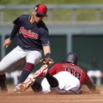 Arizona Diamondbacks' Abrahamn Almonte is tagged out by Cleveland Indians' Eric Stamets on an attempted steal of second during the first inning of a spring training baseball game Thursday, Feb. 28, 2019, in Scottsdale, Ariz. (AP Photo/Matt York)
