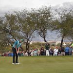 Bubba Watson watches his birdie putt go wide on the 14th green during the third round of the Phoenix Open PGA golf tournament, Saturday, Feb. 2, 2019, in Scottsdale, Ariz. (AP Photo/Matt York)