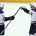 St. Louis Blues defenseman Robert Bortuzzo (41) celebrates his goal against the Arizona Coyotes with left wing Pat Maroon during the third period of an NHL hockey game Thursday, Feb. 14, 2019, in Glendale, Ariz. The Blues won 4-0. (AP Photo/Ross D. Franklin)