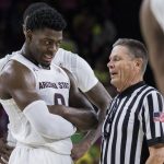 Arizona State's Luguentz Dort (0) has a little fun in questioning a call by a referee against during the second half of an NCAA college basketball game against Washington on Saturday, Feb. 9, 2019, in Tempe, Ariz. Arizona State won 75-63. (AP Photo/Darryl Webb)
