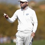 Branden Grace waves after making his birdie putt on the 15th green during the second round of the Phoenix Open PGA golf tournament, Friday, Feb. 1, 2019, in Scottsdale, Ariz. (AP Photo/Matt York)