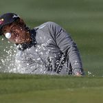 Byeong Hun An hits from a bunker on 15th hole during the second round of the Phoenix Open PGA golf tournament, Friday, Feb. 1, 2019, in Scottsdale, Ariz. (AP Photo/Matt York)