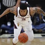 Arizona State guard Rob Edwards looks to recover a loose ball against Colorado in the first half of an NCAA college basketball game Wednesday, Feb. 13, 2019, in Boulder, Colo. (AP Photo/David Zalubowski)