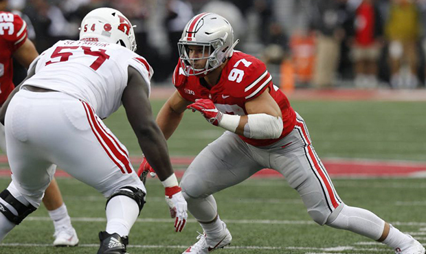 File-This Sept. 8, 2018, file photo shows Ohio State defensive lineman Nick Bosa playing against Ru...