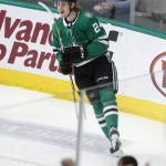 Dallas Stars left wing Roope Hintz (24) celebrates scoring a goal during the second period of an NHL hockey game against the Arizona Coyotes in Dallas, Monday, Feb. 4, 2019. (AP Photo/LM Otero)