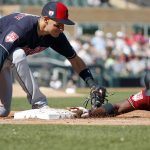 Cleveland Indians first baseman Ryan Flaherty, left, can't make the tag as Arizona Diamondbacks' Abraham Almonte dives back safely during the first inning of a spring training baseball game, Thursday, Feb. 28, 2019, in Scottsdale, Ariz. (AP Photo/Matt York)