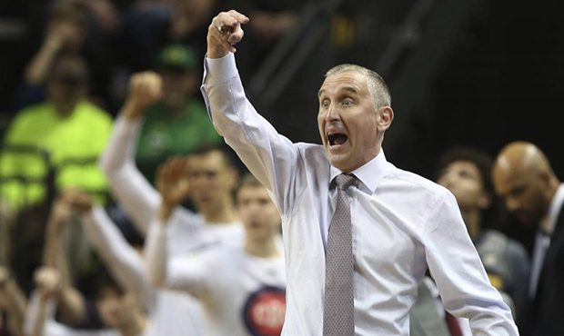 Arizona State coach Bobby Hurley gestures to his team during the first half of an NCAA college bask...
