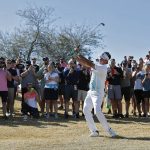 Bubba Watson hits from the rough along the ninth fairway during the second round of the Phoenix Open PGA golf tournament, Friday, Feb. 1, 2019, in Scottsdale, Ariz. (AP Photo/Matt York)