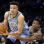U.S. Team's Kevin Knox, of the New York Knicks works against World Team's, Shai Gilgeous-Alexander, of the Los Angeles Clippers, during the NBA All-Star Rising Stars basketball game, Friday, Feb. 15, 2019, in Charlotte, N.C. (AP Photo/Chuck Burton)