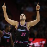 Miami Heat forward Ryan Anderson (31) reacts after scoring a 3-pointer during the first half of an NBA basketball game against the Phoenix Suns on Monday, Feb. 25, 2019, in Miami. (AP Photo/Brynn Anderson)