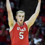 Utah guard Parker Van Dyke reacts to a play during the first half of the team's NCAA college basketball game against the Arizona on Thursday, Feb. 14, 2019, in Salt Lake City. (AP Photo/Alex Goodlett)