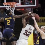 California's Juhwan Harris-Dyson (2) and Connor Vanover (23) double-team Arizona State's De'Quon Lake (32) during the first half of an NCAA college basketball game Sunday, Feb. 24, 2019, in Tempe, Ariz. (AP Photo/Darryl Webb)