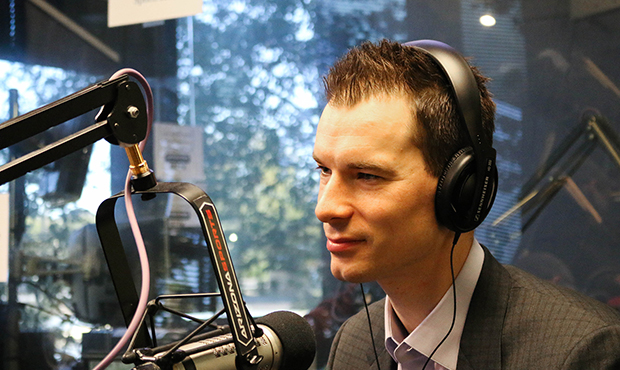 Arizona Coyotes general manager John Chayka sits during an interview with The Doug & Wolf Show ...