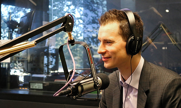 Arizona Coyotes general manager John Chayka sits during an interview with The Doug & Wolf Show on 9...