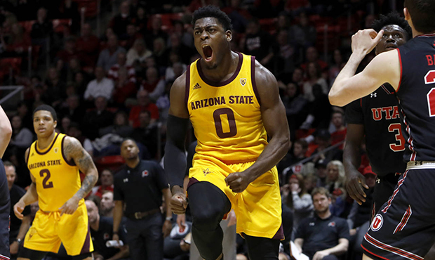 Arizona State's Luguentz Dort (0) celebrates after scoring with a layup during the first half of th...