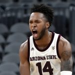 LAS VEGAS, NEVADA - NOVEMBER 19:  Kimani Lawrence #14 of the Arizona State Sun Devils reacts after a three-point basket against the Mississippi State Bulldogs during the second half of a semifinal game of the MGM Resorts Main Event basketball tournament at T-Mobile Arena on November 19, 2018 in Las Vegas, Nevada. Arizona State won 72-67.   (Photo by David Becker/Getty Images)