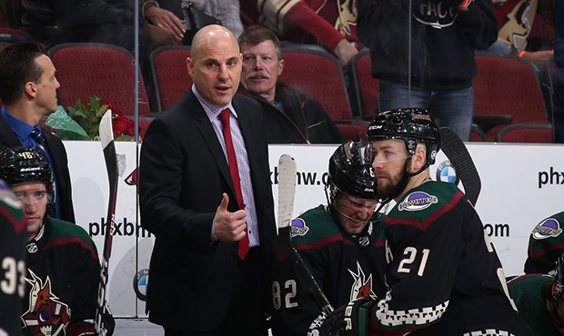 Head coach Rick Tochet of the Arizona Coyotes reacts during the third period of the NHL game agains...