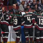 Head coach Rick Tocchet of the Arizona Coyotes talks with his team during the NHL game against the Winnipeg Jets at Gila River Arena on February 24, 2019 in Glendale, Arizona. The Coyotes defeated the Jets 4-1. (Photo by Christian Petersen/Getty Images)