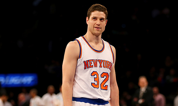 NEW YORK, NY - MARCH 01:  Jimmer Fredette #32 of the New York Knicks looks on before he shoots thre...